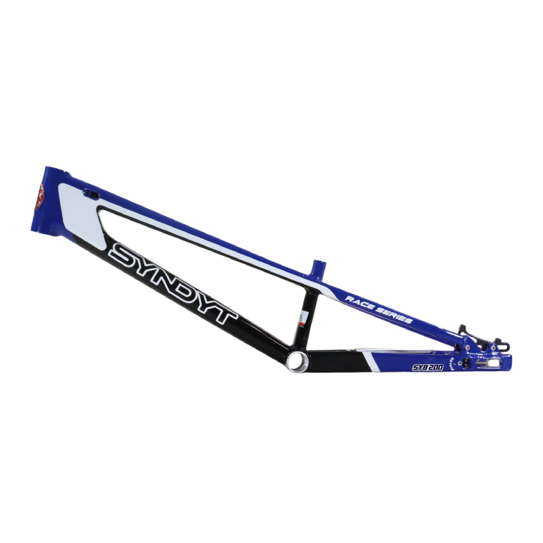 Syndyt 200 Expert XL BMX Racing Bike Frame – 20” Top Tube, 6061-T6 Aluminum (3.08 lbs), Tapered 38/42 Head Tube, Standard Euro BB, 10/15 mm Hubs, 140mm Disc Brake, Chain Tensioners  Blue Bicycle Frame