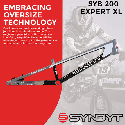 Syndyt 200 Expert XL BMX Racing Bike Frame – 20” Top Tube, 6061-T6 Aluminum (3.08 lbs), Tapered 38/42 Head Tube, Standard Euro BB, 10/15 mm Hubs, 140mm Disc Brake, Chain Tensioners  Gray Bicycle Frame