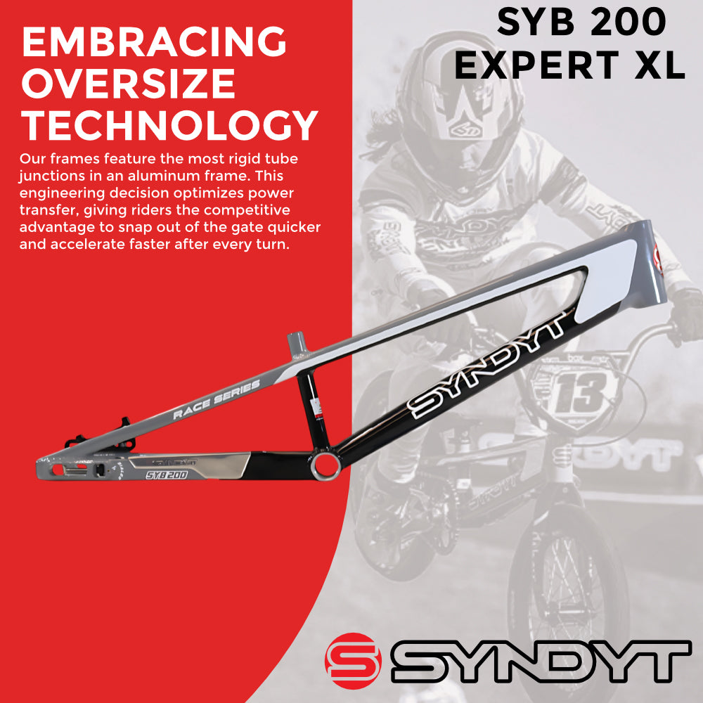Syndyt 200 Expert XL BMX Racing Bike Frame – 20” Top Tube, 6061-T6 Aluminum (3.08 lbs), Tapered 38/42 Head Tube, Standard Euro BB, 10/15 mm Hubs, 140mm Disc Brake, Chain Tensioners  Gray Bicycle Frame