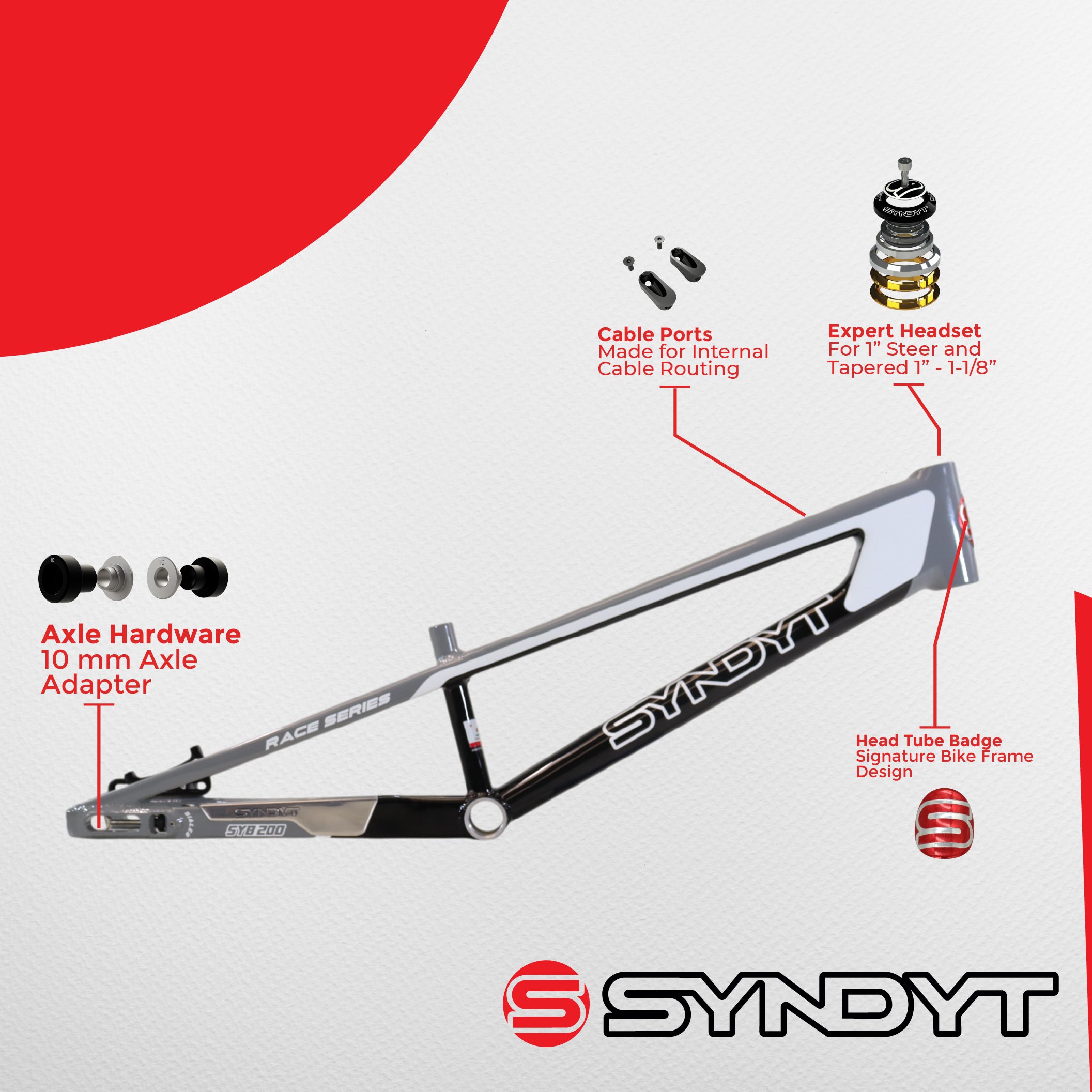 Syndyt 200 Expert XL BMX Racing Bike Frame – 20” Top Tube, 6061-T6 Aluminum (3.08 lbs), Tapered 38/42 Head Tube, Standard Euro BB, 10/15 mm Hubs, 140mm Disc Brake, Chain Tensioners  Gray Bicycle Frame