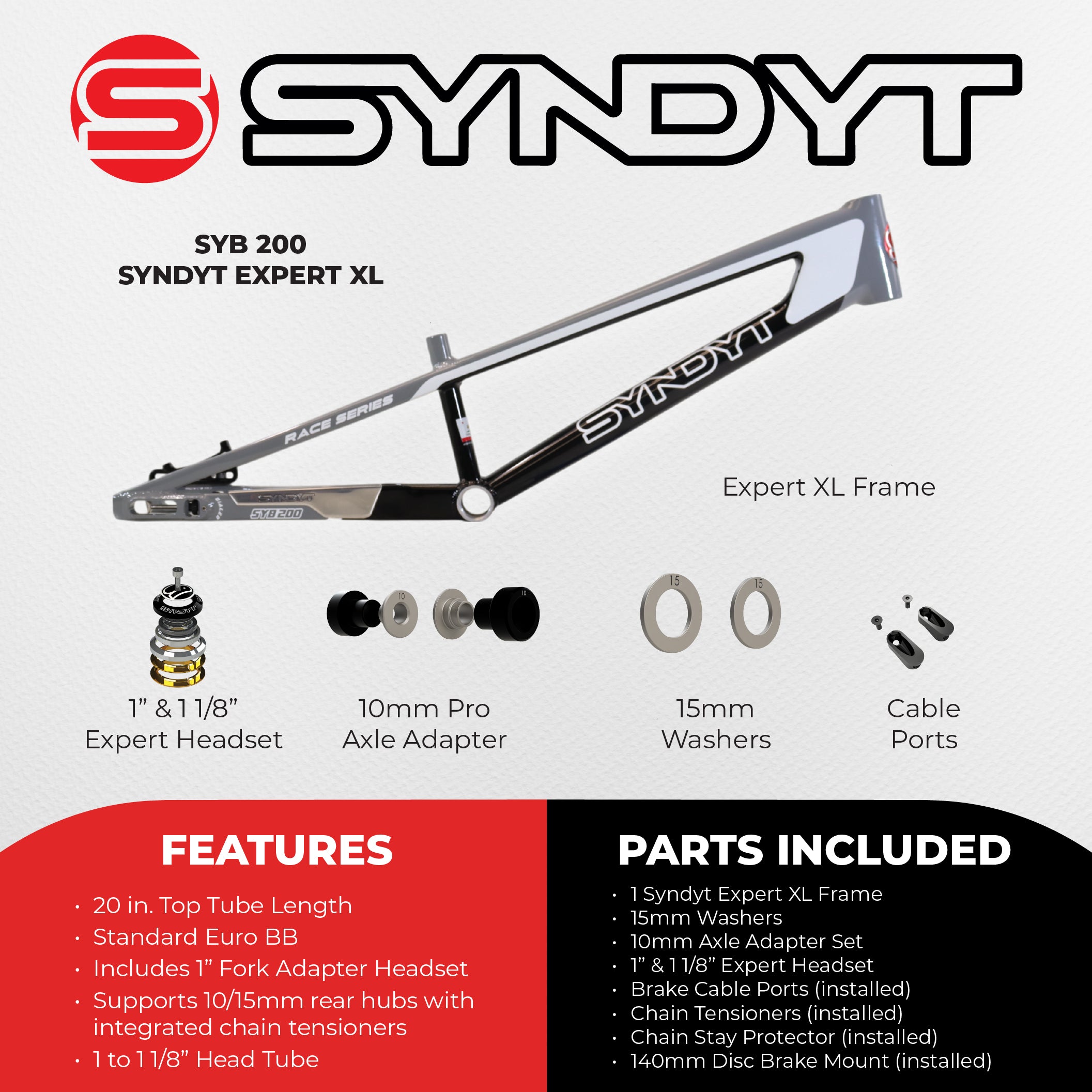 Syndyt 200 Expert XL BMX Racing Bike Frame – 20” Top Tube, 6061-T6 Aluminum (3.08 lbs), Tapered 38/42 Head Tube, Standard Euro BB, 10/15 mm Hubs, 140mm Disc Brake, Chain Tensioners  Gray Bicycle Frame