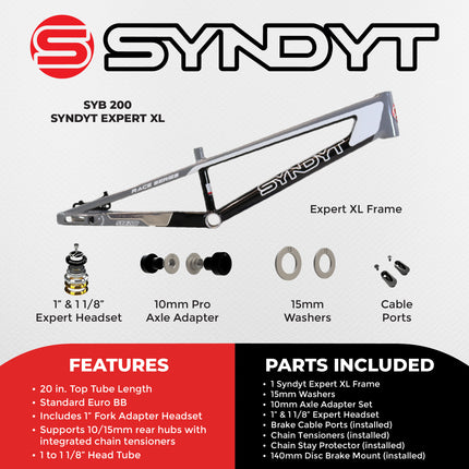 Syndyt 200 Expert XL BMX Racing Bike Frame – 20” Top Tube, 6061-T6 Aluminum (3.08 lbs), Tapered 38/42 Head Tube, Standard Euro BB, 10/15 mm Hubs, 140mm Disc Brake, Chain Tensioners  Gray Bicycle Frame