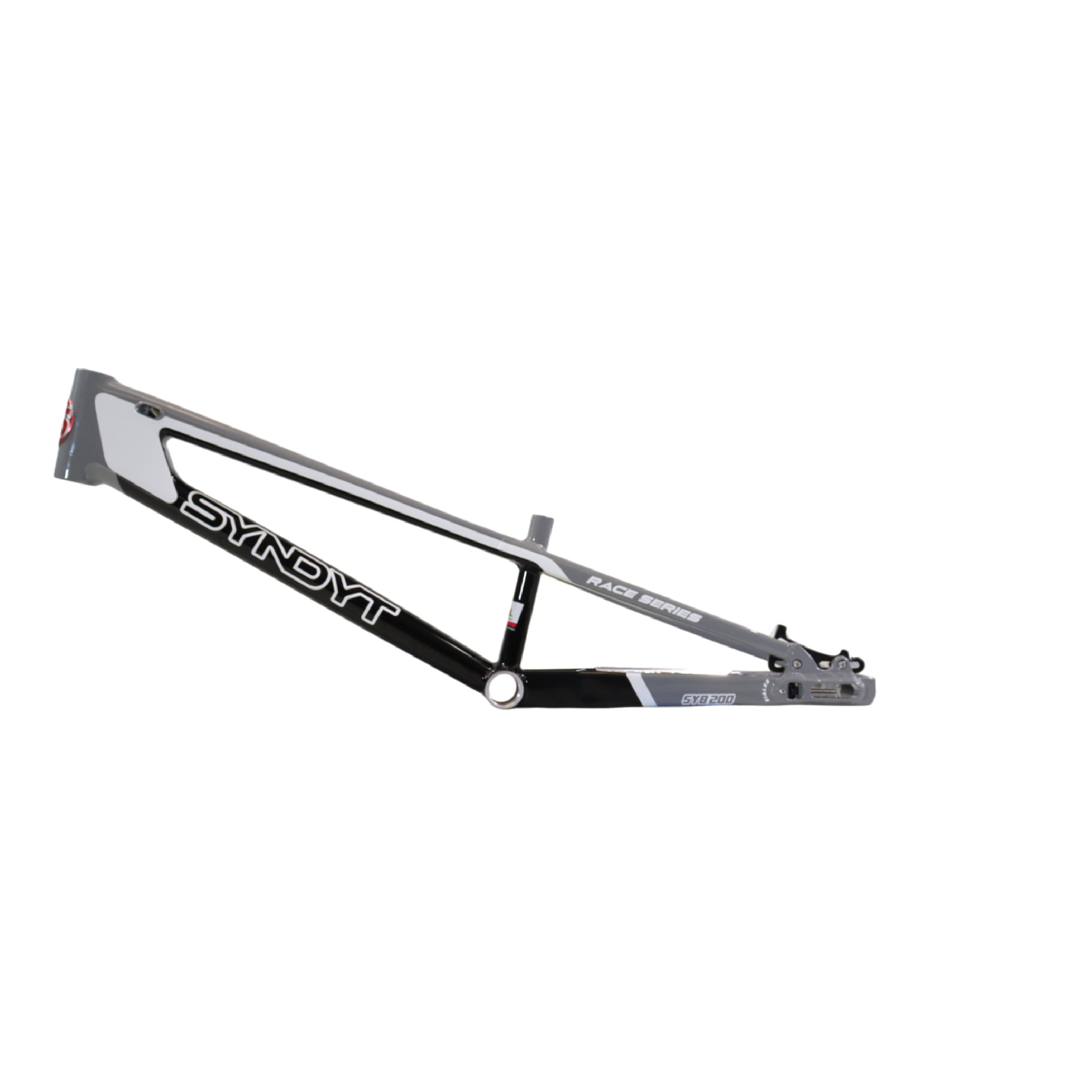 Syndyt 200 Expert XL BMX Racing Bike Frame – 20” Top Tube, 6061-T6 Aluminum (3.08 lbs), Tapered 38/42 Head Tube, Standard Euro BB, 10/15 mm Hubs, 140mm Disc Brake, Chain Tensioners  Gray Bicycle Frame