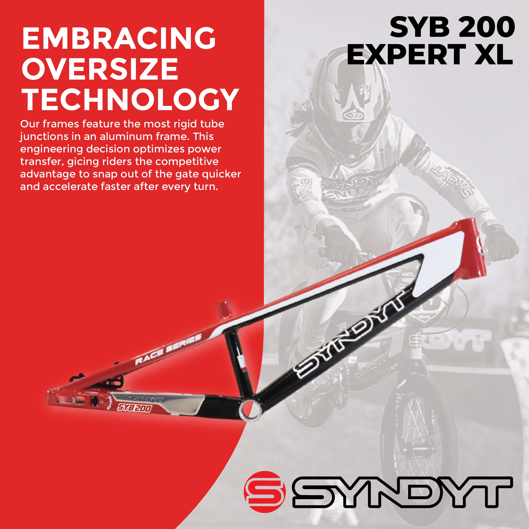 Syndyt 200 Expert XL BMX Racing Bike Frame – 20” Top Tube, 6061-T6 Aluminum (3.08 lbs), Tapered 38/42 Head Tube, Standard Euro BB, 10/15 mm Hubs, 140mm Disc Brake,  Chain Tensioners  Red Bicycle Frame