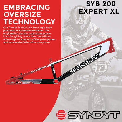 Syndyt 200 Expert XL BMX Racing Bike Frame – 20” Top Tube, 6061-T6 Aluminum (3.08 lbs), Tapered 38/42 Head Tube, Standard Euro BB, 10/15 mm Hubs, 140mm Disc Brake,  Chain Tensioners  Red Bicycle Frame