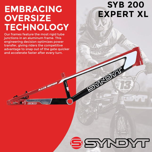 Syndyt 200 Expert XL BMX Racing Bike Frame – 20” Top Tube, 6061-T6 Aluminum (3.08 lbs), Tapered 38/42 Head Tube, Standard Euro BB, 10/15 mm Hubs, 140mm Disc Brake,  Chain Tensioners  Red Bicycle Frame