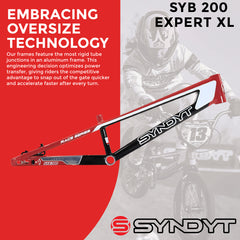 Syndyt 200 Expert XL BMX Racing Bike Frame – 20” Top Tube, 6061-T6 Aluminum (3.08 lbs), Tapered 38/42 Head Tube, Standard Euro BB, 10/15 mm Hubs, 140mm Disc Brake,  Chain Tensioners  Red Bicycle Frame