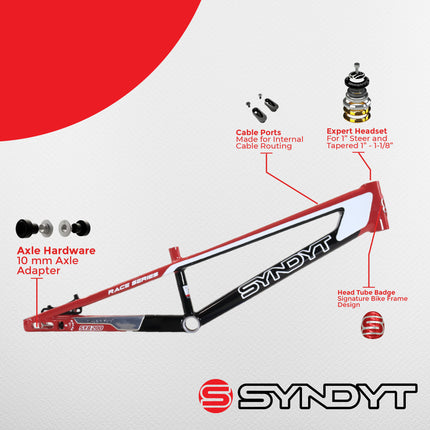 Syndyt 200 Expert XL BMX Racing Bike Frame – 20” Top Tube, 6061-T6 Aluminum (3.08 lbs), Tapered 38/42 Head Tube, Standard Euro BB, 10/15 mm Hubs, 140mm Disc Brake,  Chain Tensioners  Red Bicycle Frame