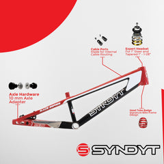 Syndyt 200 Expert XL BMX Racing Bike Frame – 20” Top Tube, 6061-T6 Aluminum (3.08 lbs), Tapered 38/42 Head Tube, Standard Euro BB, 10/15 mm Hubs, 140mm Disc Brake,  Chain Tensioners  Red Bicycle Frame