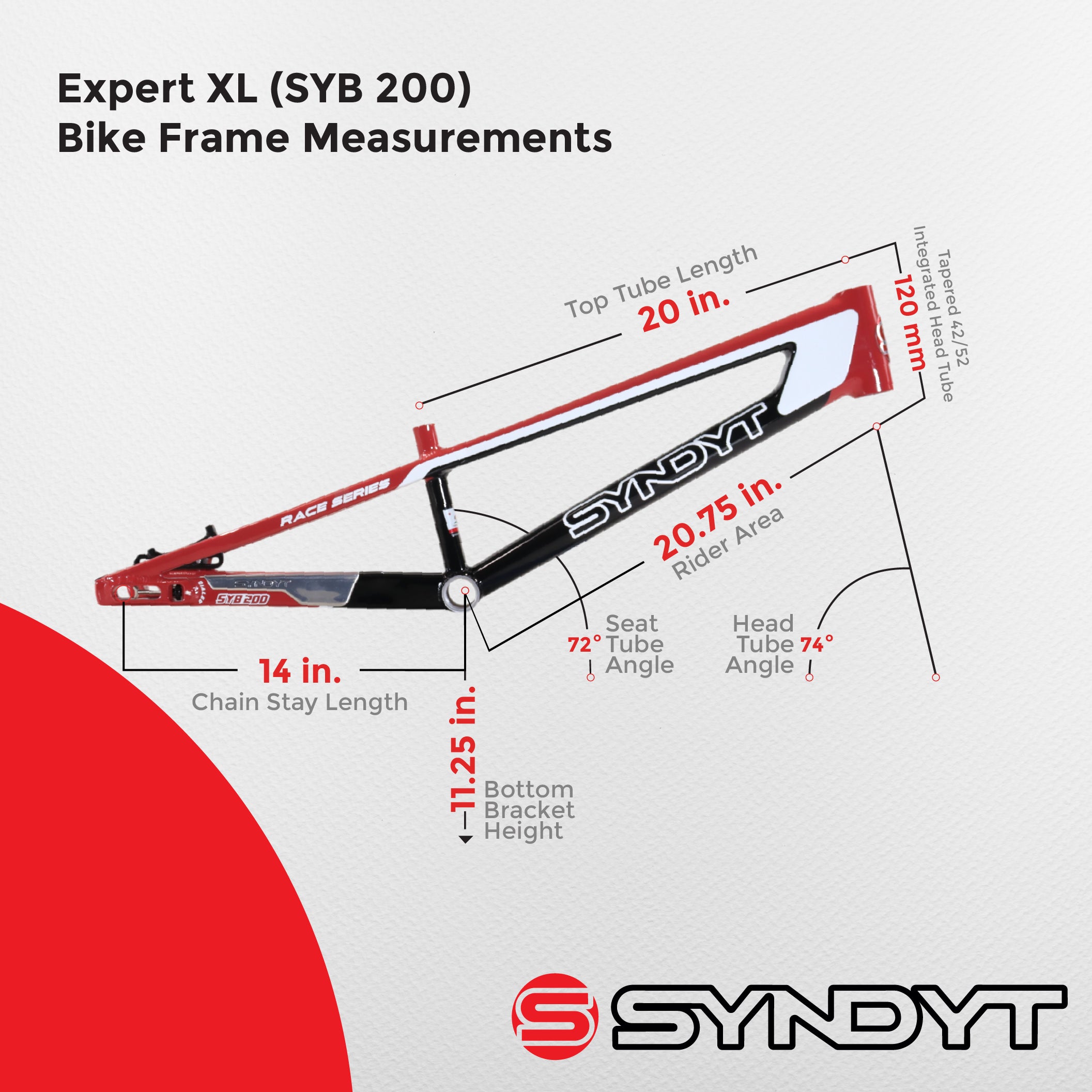 Syndyt 200 Expert XL BMX Racing Bike Frame – 20” Top Tube, 6061-T6 Aluminum (3.08 lbs), Tapered 38/42 Head Tube, Standard Euro BB, 10/15 mm Hubs, 140mm Disc Brake,  Chain Tensioners  Red Bicycle Frame