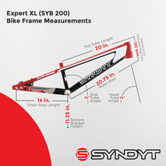 Syndyt 200 Expert XL BMX Racing Bike Frame – 20” Top Tube, 6061-T6 Aluminum (3.08 lbs), Tapered 38/42 Head Tube, Standard Euro BB, 10/15 mm Hubs, 140mm Disc Brake,  Chain Tensioners  Red Bicycle Frame