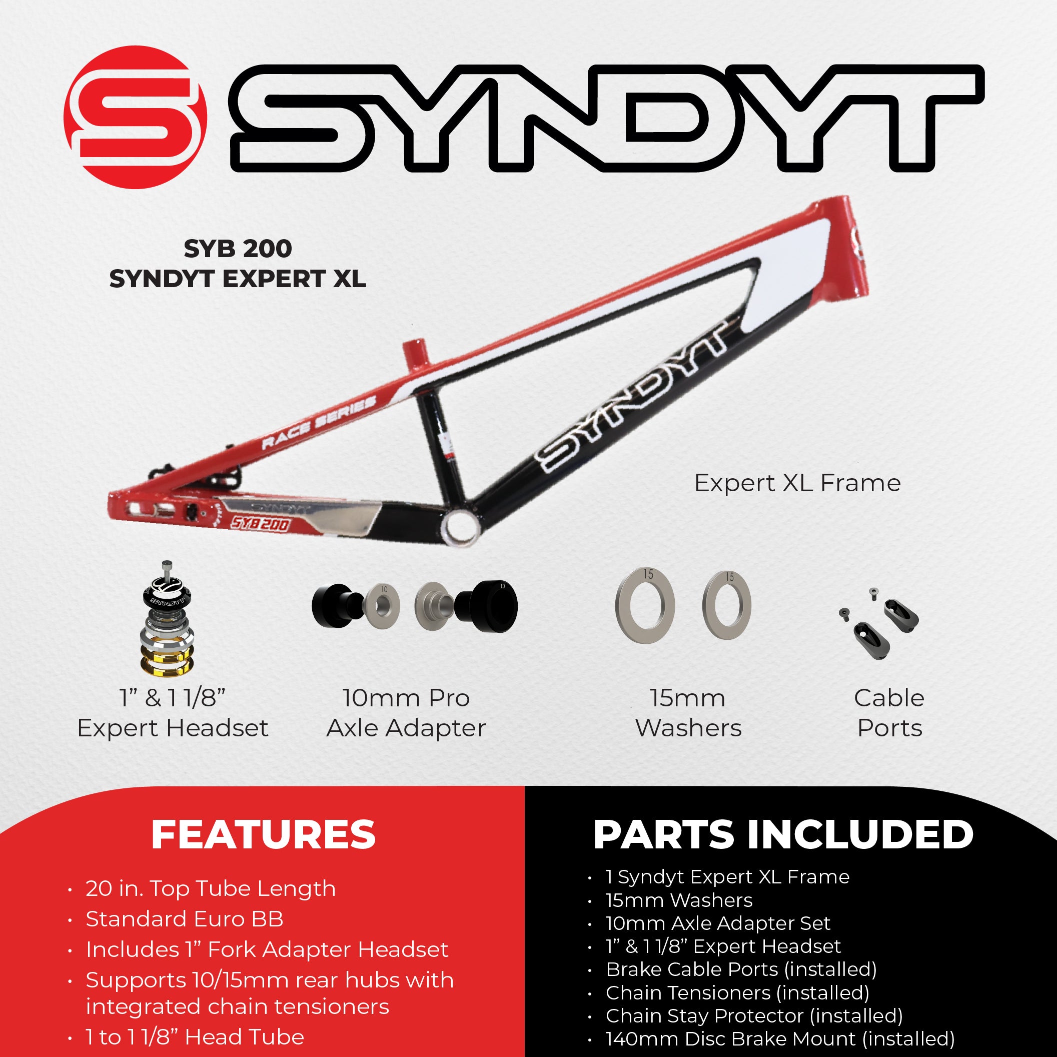 Syndyt 200 Expert XL BMX Racing Bike Frame – 20” Top Tube, 6061-T6 Aluminum (3.08 lbs), Tapered 38/42 Head Tube, Standard Euro BB, 10/15 mm Hubs, 140mm Disc Brake,  Chain Tensioners  Red Bicycle Frame