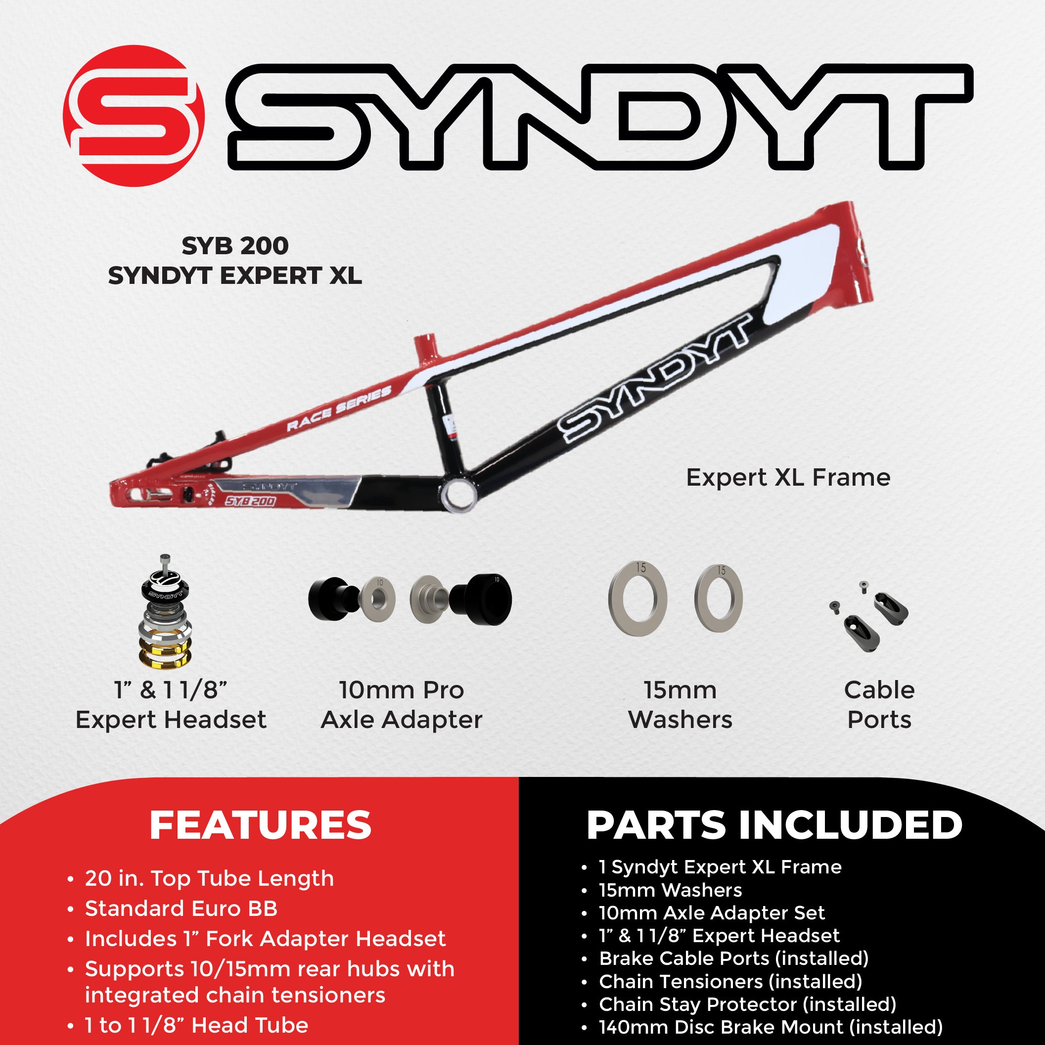 Syndyt 200 Expert XL BMX Racing Bike Frame – 20” Top Tube, 6061-T6 Aluminum (3.08 lbs), Tapered 38/42 Head Tube, Standard Euro BB, 10/15 mm Hubs, 140mm Disc Brake,  Chain Tensioners  Red Bicycle Frame