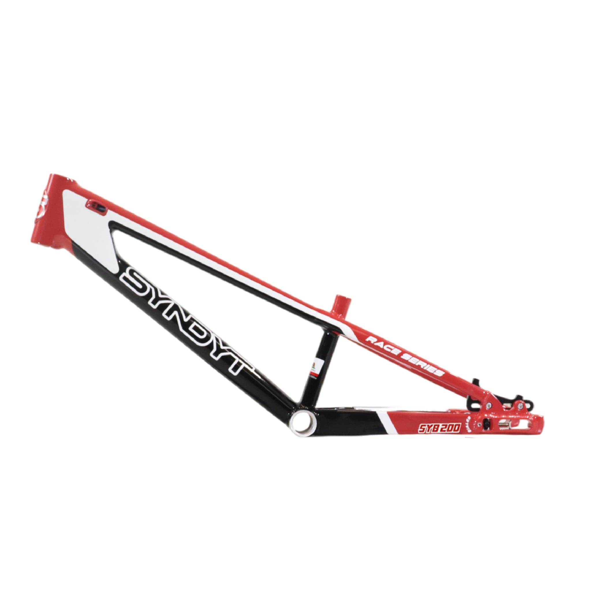 Syndyt 200 Expert XL BMX Racing Bike Frame – 20” Top Tube, 6061-T6 Aluminum (3.08 lbs), Tapered 38/42 Head Tube, Standard Euro BB, 10/15 mm Hubs, 140mm Disc Brake,  Chain Tensioners  Red Bicycle Frame