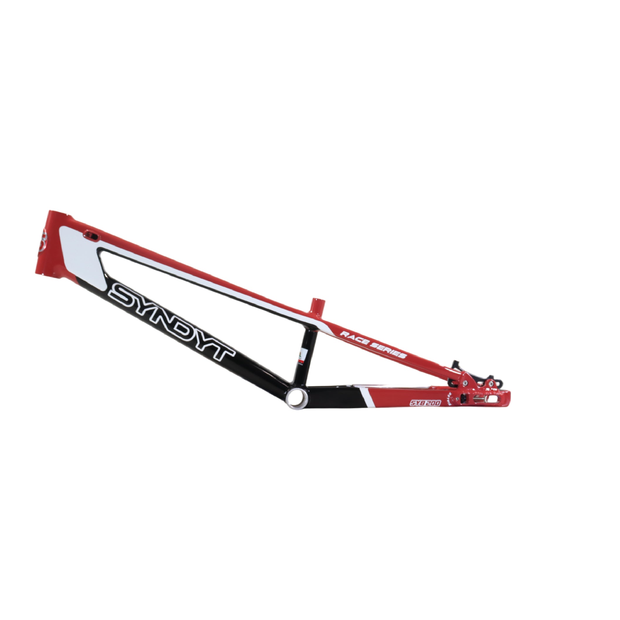 Syndyt 200 Expert XL BMX Racing Bike Frame – 20” Top Tube, 6061-T6 Aluminum (3.08 lbs), Tapered 38/42 Head Tube, Standard Euro BB, 10/15 mm Hubs, 140mm Disc Brake,  Chain Tensioners  Red Bicycle Frame