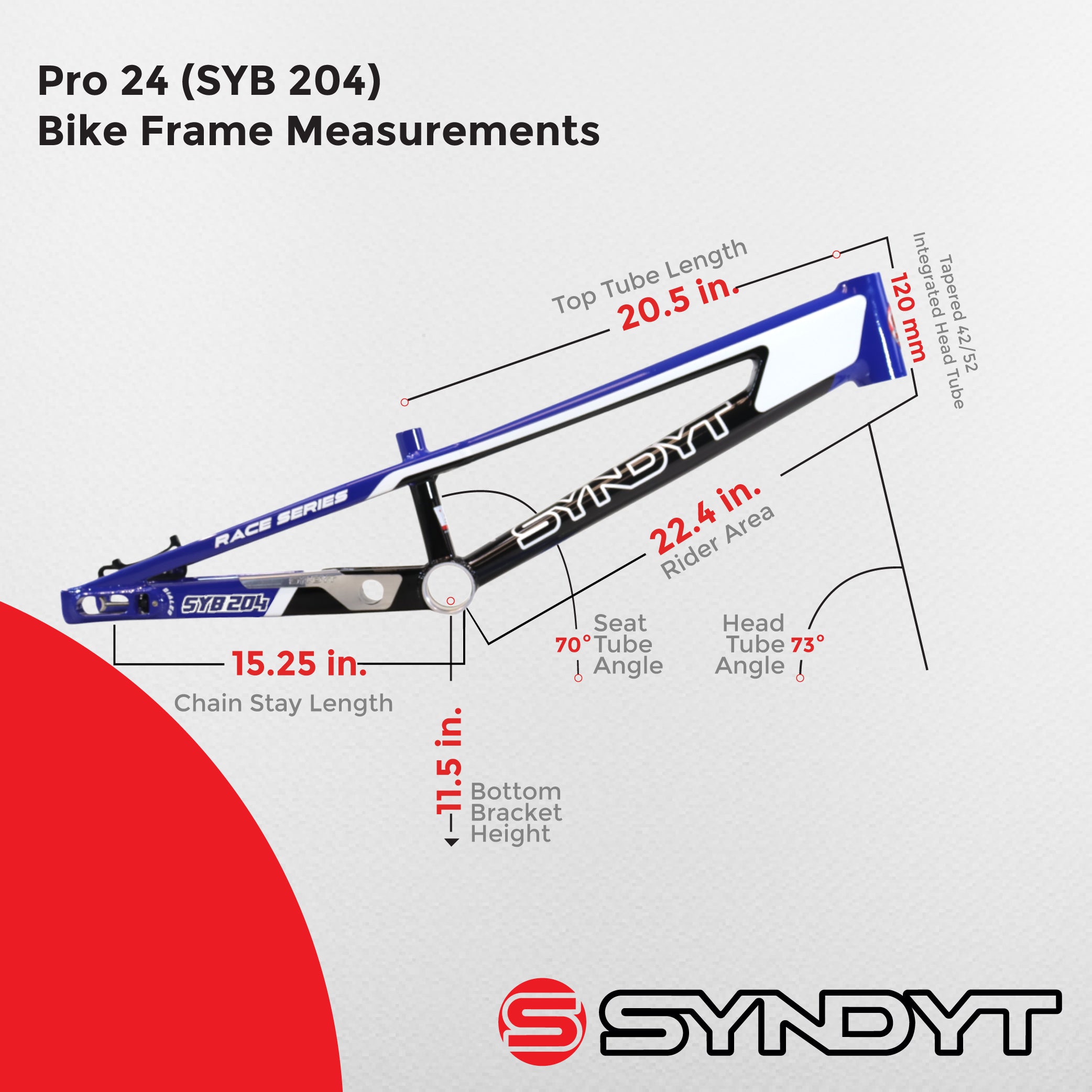 Syndyt 204 Pro 24 BMX Cruiser Bike Frame – 20.5” Top Tube, 6061-T6 Aluminum (4.25 lbs), Tapered 42/52 Head Tube, B52 Tech BB, 10/15/20mm Hubs, 140mm Disc Brake,  Chain Tensioners – Blue Bicycle Frame