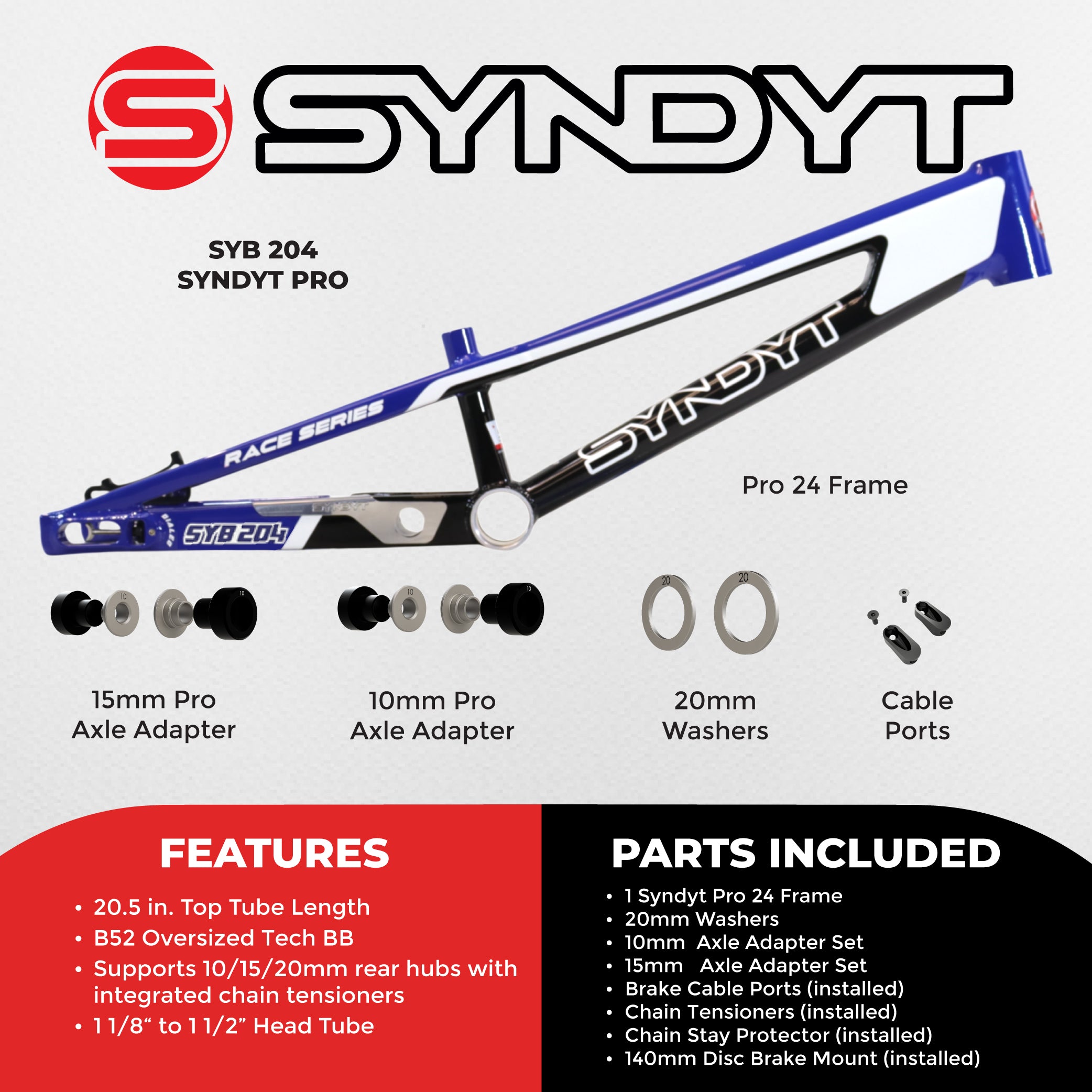Syndyt 204 Pro 24 BMX Cruiser Bike Frame – 20.5” Top Tube, 6061-T6 Aluminum (4.25 lbs), Tapered 42/52 Head Tube, B52 Tech BB, 10/15/20mm Hubs, 140mm Disc Brake,  Chain Tensioners – Blue Bicycle Frame
