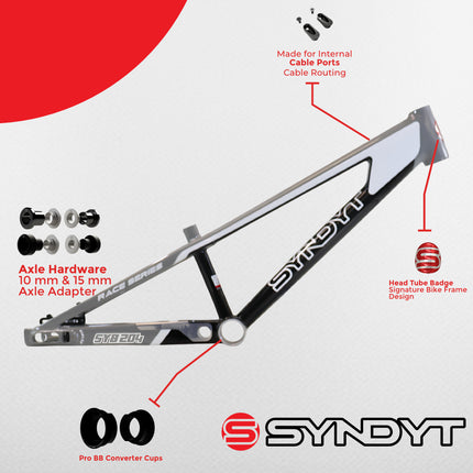Syndyt 204 Pro 24 BMX Cruiser Bike Frame – 20.5” Top Tube, 6061-T6 Aluminum (4.25 lbs), Tapered 42/52 Head Tube, B52 Tech BB, 10/15/20mm Hubs, 140mm Disc Brake,  Chain Tensioners – Gray Bicycle Frame