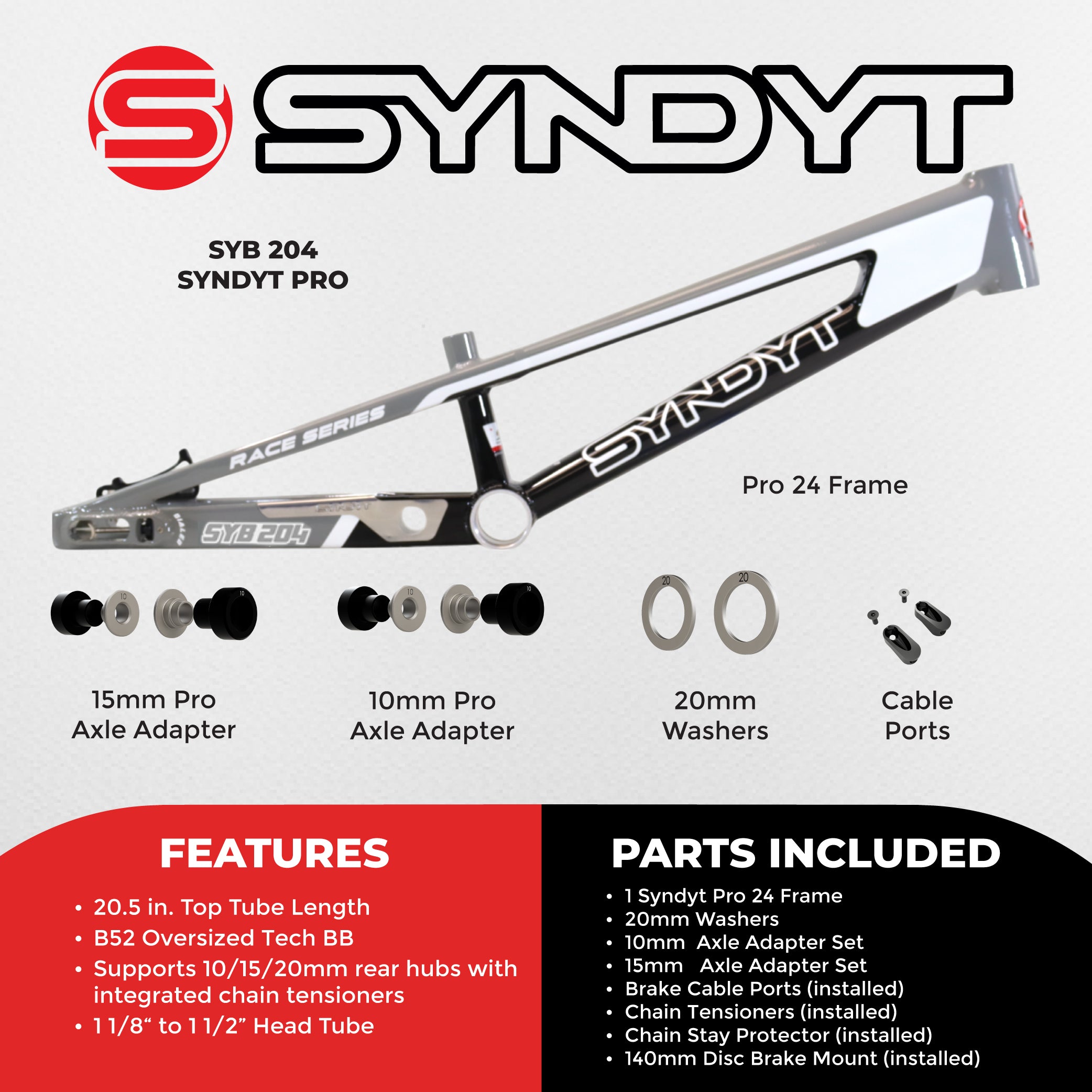 Syndyt 204 Pro 24 BMX Cruiser Bike Frame – 20.5” Top Tube, 6061-T6 Aluminum (4.25 lbs), Tapered 42/52 Head Tube, B52 Tech BB, 10/15/20mm Hubs, 140mm Disc Brake,  Chain Tensioners – Gray Bicycle Frame