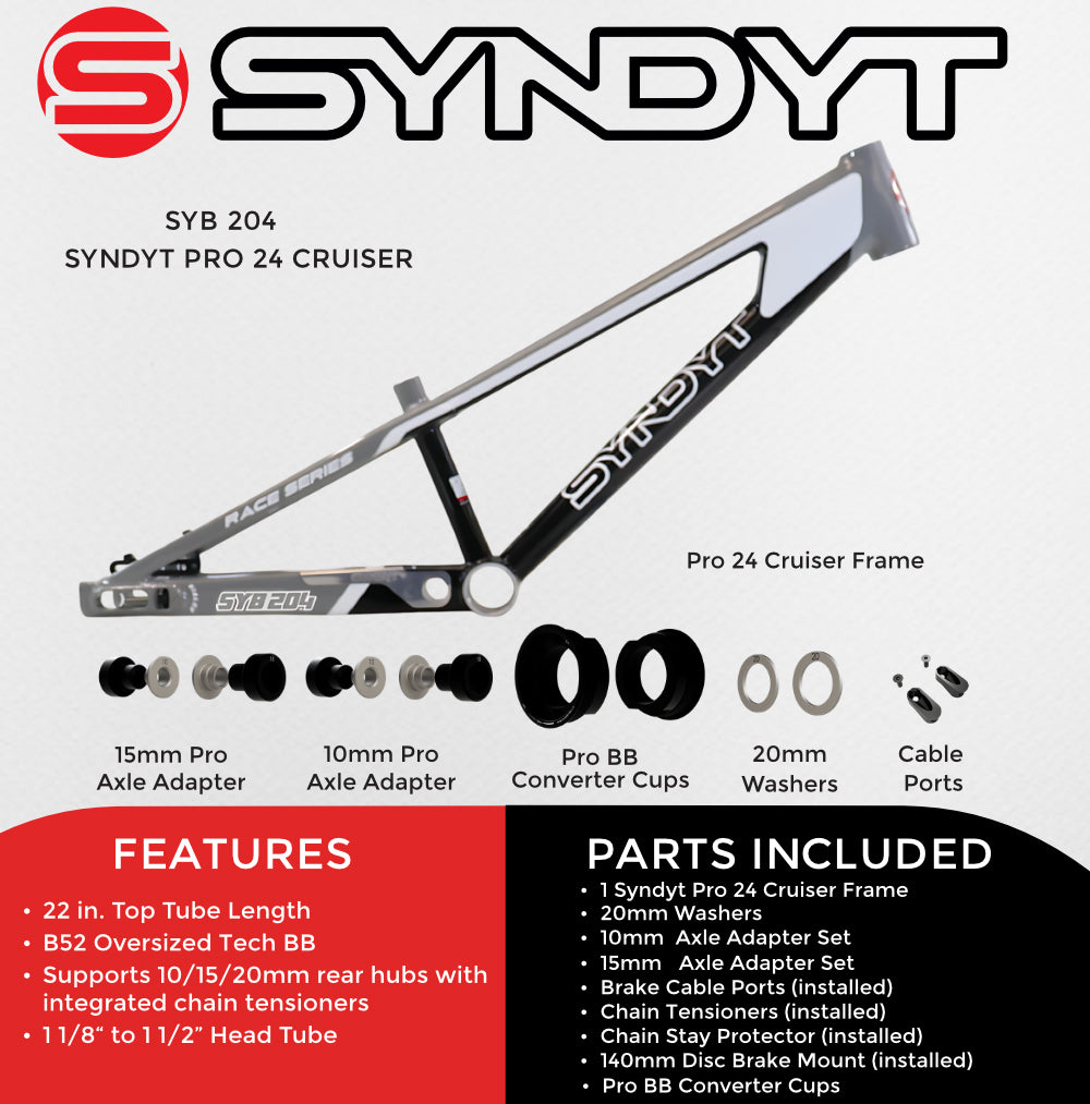 Syndyt 204 Pro 24 BMX Cruiser Bike Frame – 20.5” Top Tube, 6061-T6 Aluminum (4.25 lbs), Tapered 42/52 Head Tube, B52 Tech BB, 10/15/20mm Hubs, 140mm Disc Brake,  Chain Tensioners – Gray Bicycle Frame