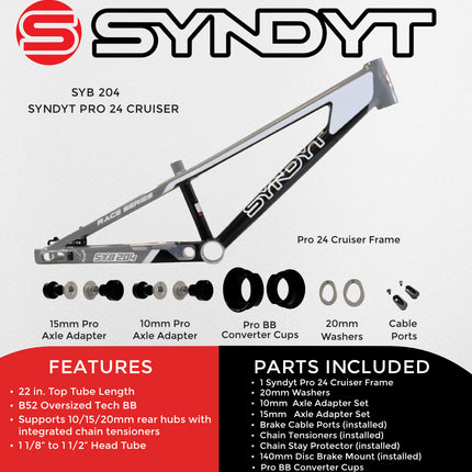 Syndyt 204 Pro 24 BMX Cruiser Bike Frame – 20.5” Top Tube, 6061-T6 Aluminum (4.25 lbs), Tapered 42/52 Head Tube, B52 Tech BB, 10/15/20mm Hubs, 140mm Disc Brake,  Chain Tensioners – Gray Bicycle Frame