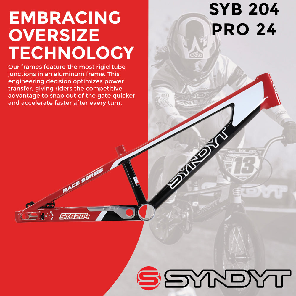 Syndyt 204 Pro 24 BMX Cruiser Bike Frame – 20.5” Top Tube, 6061-T6 Aluminum (4.25 lbs), Tapered 42/52 Head Tube, B52 Tech BB, 10/15/20mm Hubs, 140mm Disc Brake,  Chain Tensioners – Red Bicycle Frame