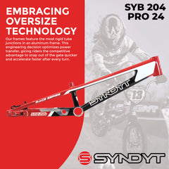 Syndyt 204 Pro 24 BMX Cruiser Bike Frame – 20.5” Top Tube, 6061-T6 Aluminum (4.25 lbs), Tapered 42/52 Head Tube, B52 Tech BB, 10/15/20mm Hubs, 140mm Disc Brake,  Chain Tensioners – Red Bicycle Frame