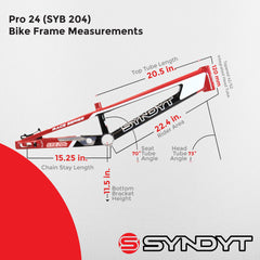 Syndyt 204 Pro 24 BMX Cruiser Bike Frame – 20.5” Top Tube, 6061-T6 Aluminum (4.25 lbs), Tapered 42/52 Head Tube, B52 Tech BB, 10/15/20mm Hubs, 140mm Disc Brake,  Chain Tensioners – Red Bicycle Frame