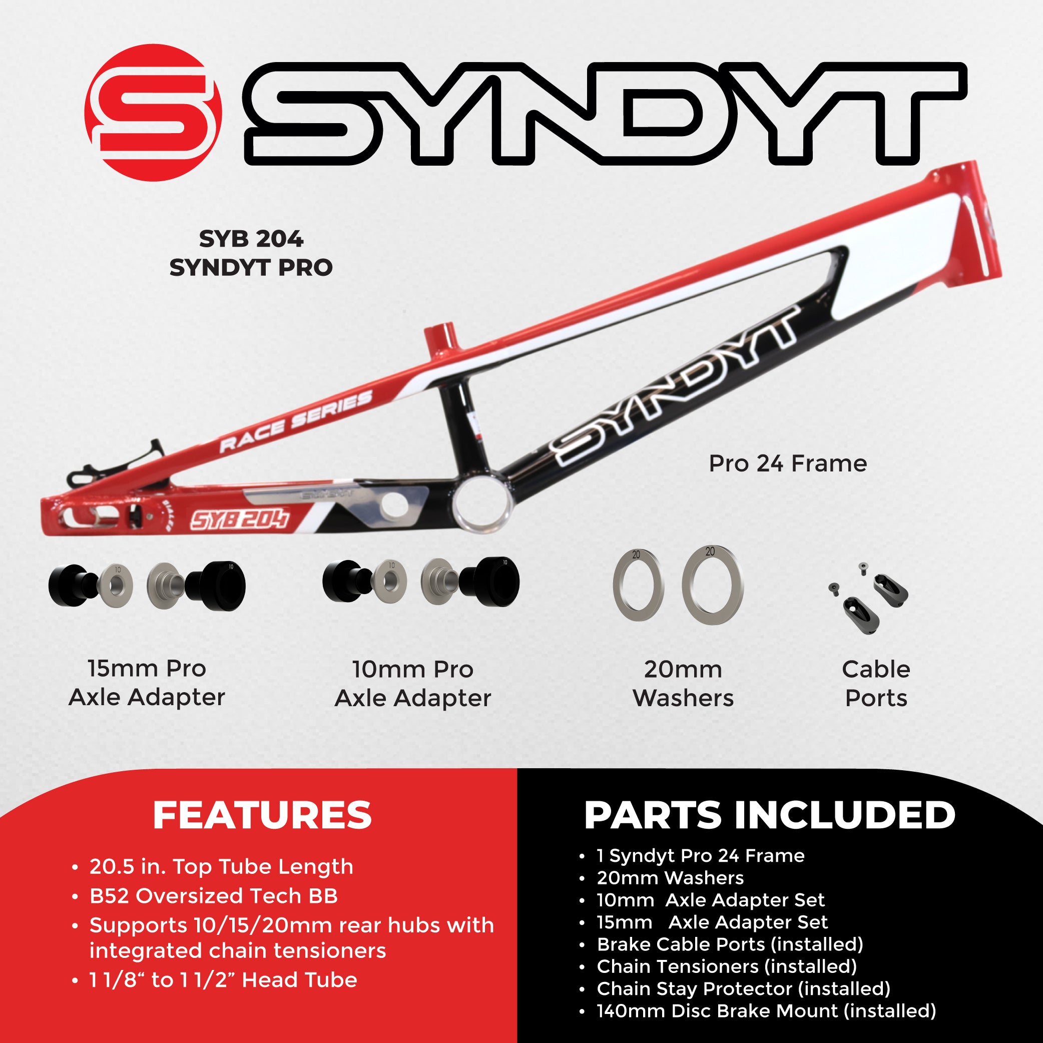 Syndyt 204 Pro 24 BMX Cruiser Bike Frame – 20.5” Top Tube, 6061-T6 Aluminum (4.25 lbs), Tapered 42/52 Head Tube, B52 Tech BB, 10/15/20mm Hubs, 140mm Disc Brake,  Chain Tensioners – Red Bicycle Frame