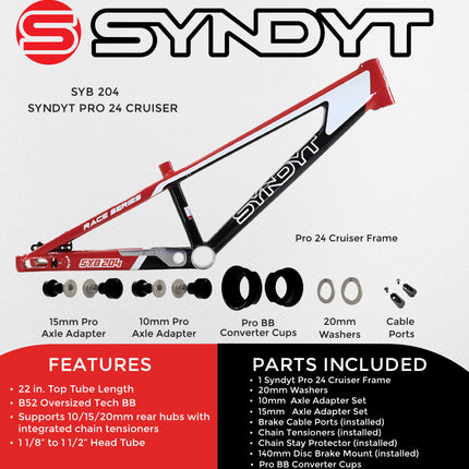 Syndyt 204 Pro 24 BMX Cruiser Bike Frame – 20.5” Top Tube, 6061-T6 Aluminum (4.25 lbs), Tapered 42/52 Head Tube, B52 Tech BB, 10/15/20mm Hubs, 140mm Disc Brake,  Chain Tensioners – Red Bicycle Frame