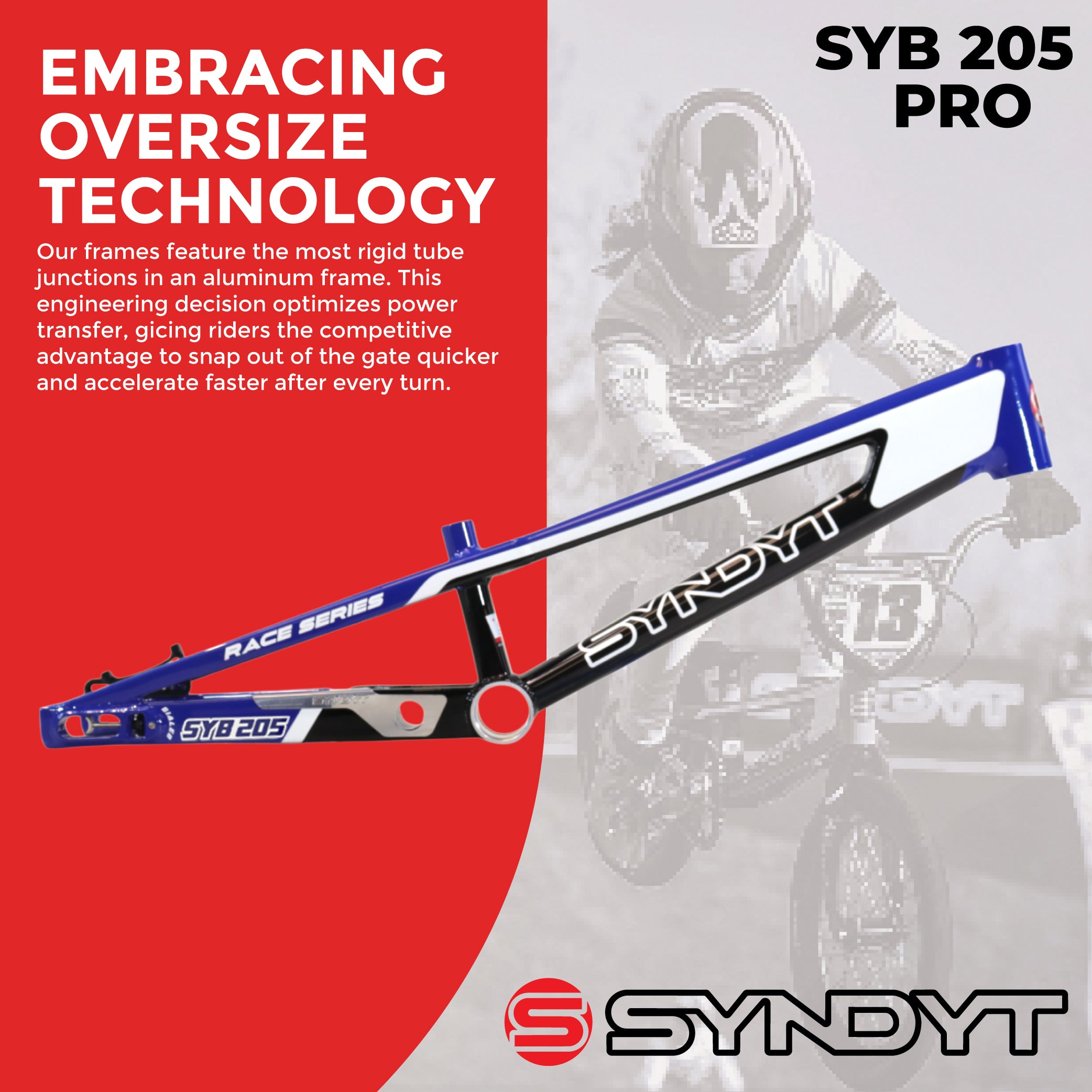Syndyt 205 Pro BMX Racing Bike Frame – 20.5” Top Tube, 6061-T6 Aluminum (3.99 lbs), Tapered 42/52 Head Tube, B52 Tech BB, 10/15/20mm Hubs, 140mm Disc Brake,  Chain Tensioners – Blue Bicycle Frame