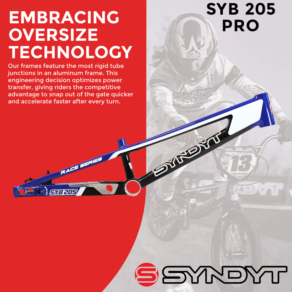 Syndyt 205 Pro BMX Racing Bike Frame – 20.5” Top Tube, 6061-T6 Aluminum (3.99 lbs), Tapered 42/52 Head Tube, B52 Tech BB, 10/15/20mm Hubs, 140mm Disc Brake,  Chain Tensioners – Blue Bicycle Frame