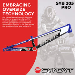 Syndyt 205 Pro BMX Racing Bike Frame – 20.5” Top Tube, 6061-T6 Aluminum (3.99 lbs), Tapered 42/52 Head Tube, B52 Tech BB, 10/15/20mm Hubs, 140mm Disc Brake,  Chain Tensioners – Blue Bicycle Frame