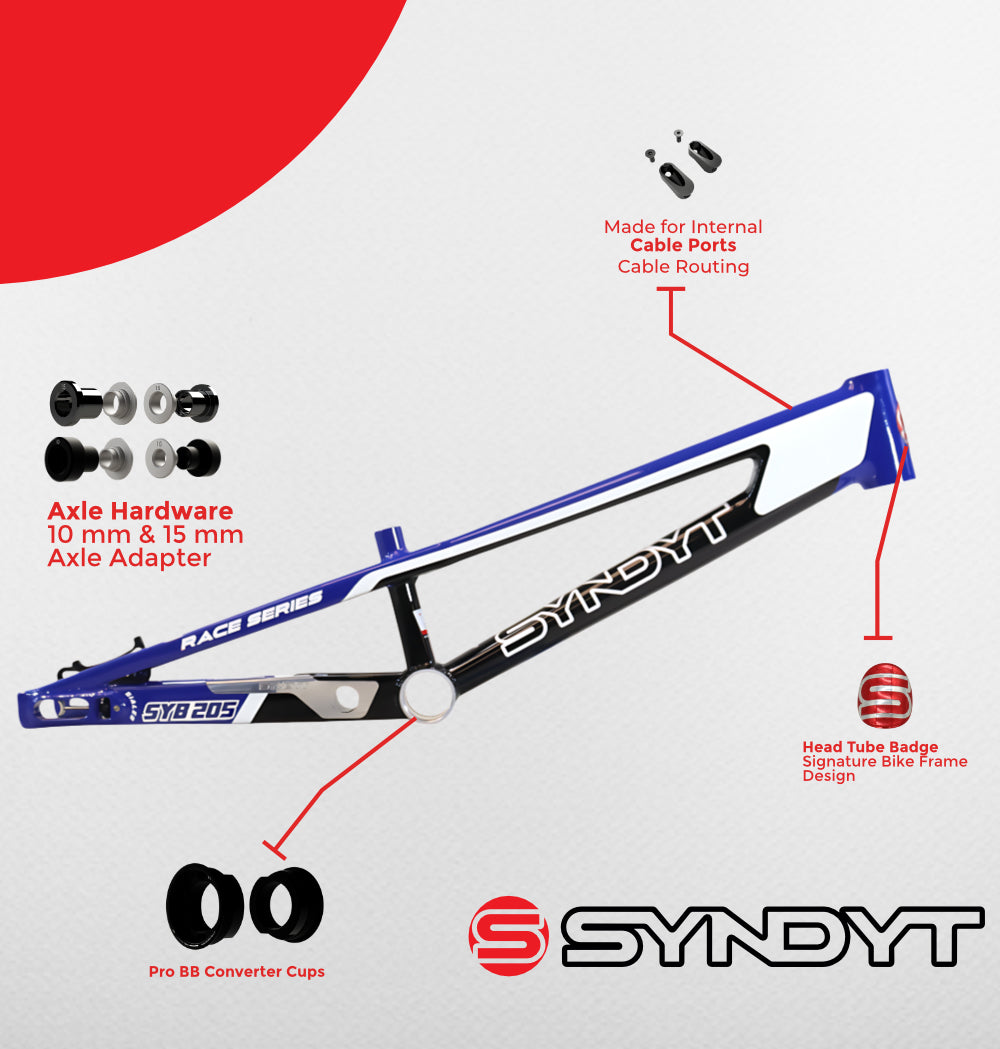 Syndyt 205 Pro BMX Racing Bike Frame – 20.5” Top Tube, 6061-T6 Aluminum (3.99 lbs), Tapered 42/52 Head Tube, B52 Tech BB, 10/15/20mm Hubs, 140mm Disc Brake,  Chain Tensioners – Blue Bicycle Frame