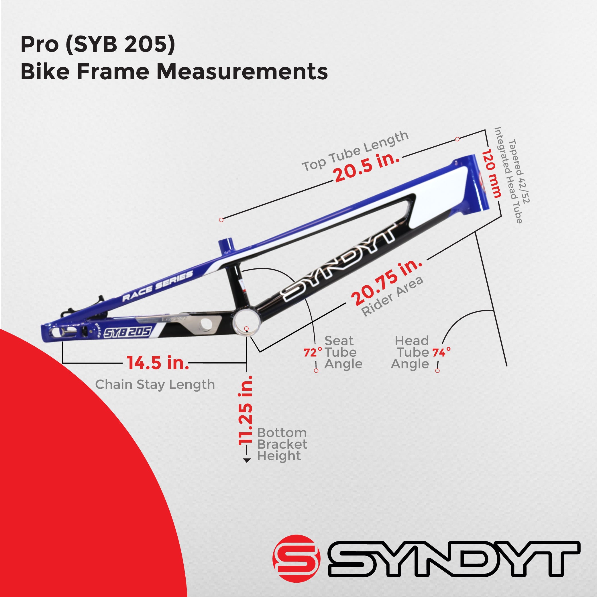 Syndyt 205 Pro BMX Racing Bike Frame – 20.5” Top Tube, 6061-T6 Aluminum (3.99 lbs), Tapered 42/52 Head Tube, B52 Tech BB, 10/15/20mm Hubs, 140mm Disc Brake,  Chain Tensioners – Blue Bicycle Frame
