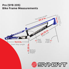Syndyt 205 Pro BMX Racing Bike Frame – 20.5” Top Tube, 6061-T6 Aluminum (3.99 lbs), Tapered 42/52 Head Tube, B52 Tech BB, 10/15/20mm Hubs, 140mm Disc Brake,  Chain Tensioners – Blue Bicycle Frame