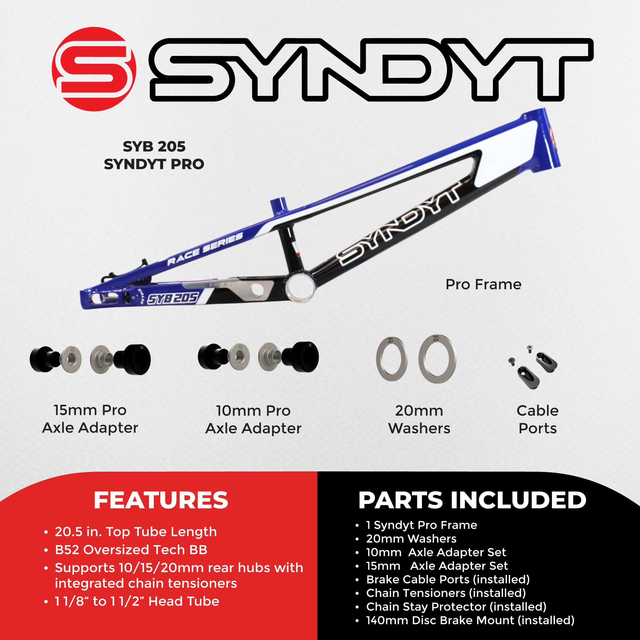 Syndyt 205 Pro BMX Racing Bike Frame – 20.5” Top Tube, 6061-T6 Aluminum (3.99 lbs), Tapered 42/52 Head Tube, B52 Tech BB, 10/15/20mm Hubs, 140mm Disc Brake,  Chain Tensioners – Blue Bicycle Frame