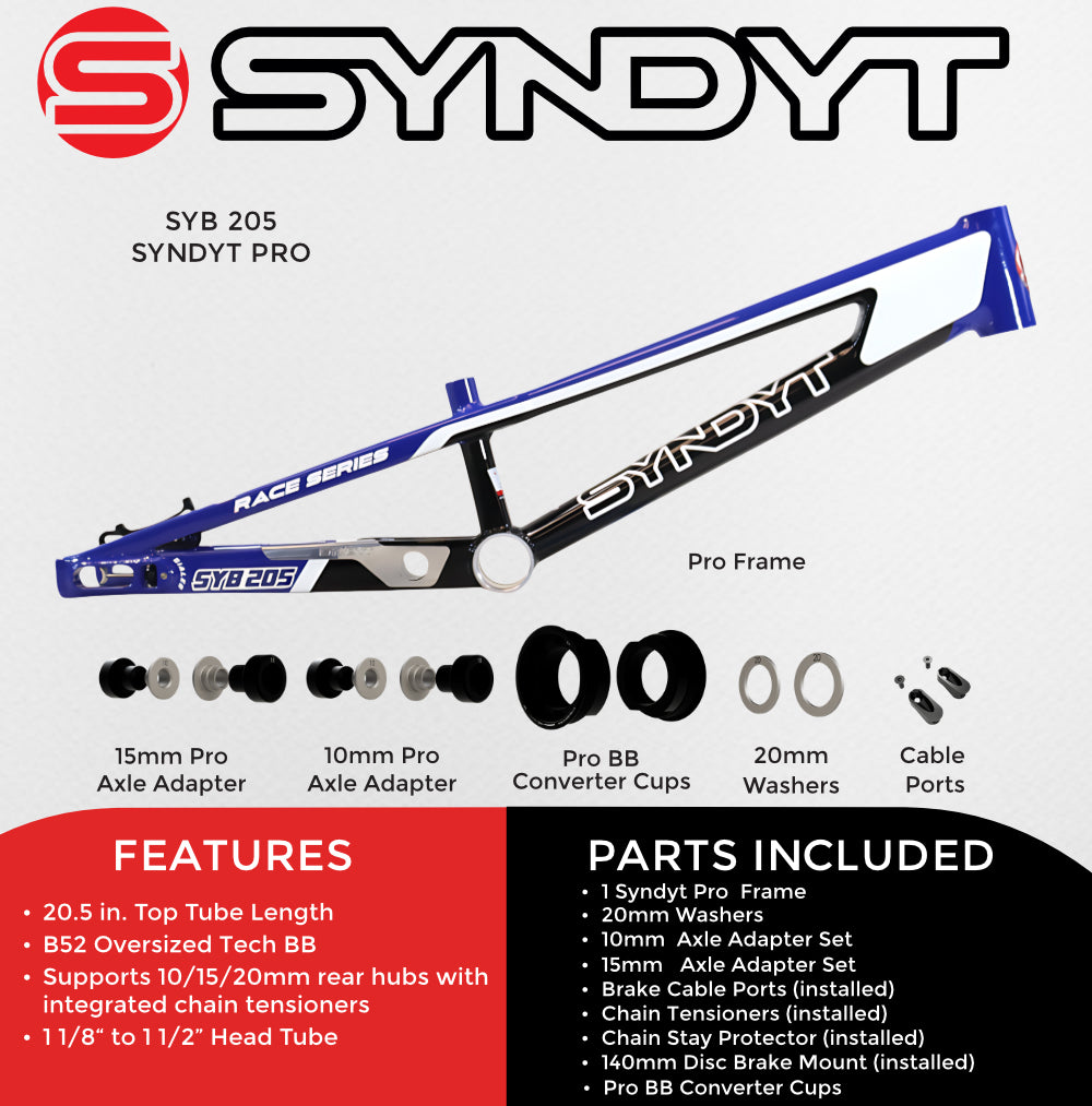 Syndyt 205 Pro BMX Racing Bike Frame – 20.5” Top Tube, 6061-T6 Aluminum (3.99 lbs), Tapered 42/52 Head Tube, B52 Tech BB, 10/15/20mm Hubs, 140mm Disc Brake,  Chain Tensioners – Blue Bicycle Frame