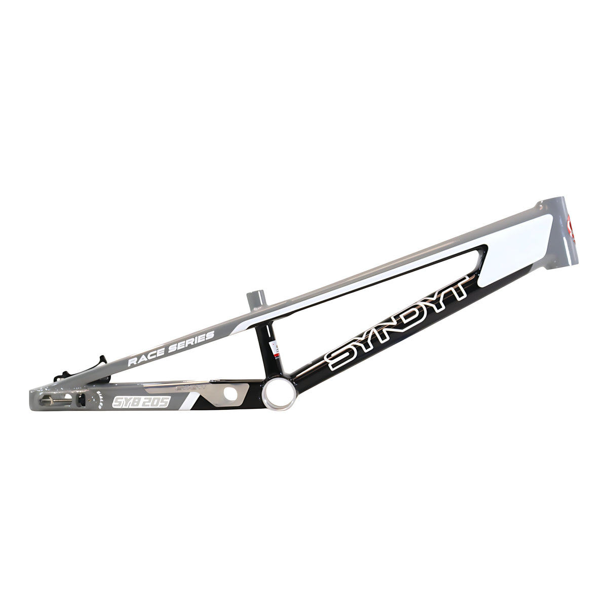 Syndyt 205 Pro BMX Racing Bike Frame – 20.5” Top Tube, 6061-T6 Aluminum (3.99 lbs), Tapered 42/52 Head Tube, B52 Tech BB, 10/15/20mm Hubs, 140mm Disc Brake,  Chain Tensioners – Gray Bicycle Frame