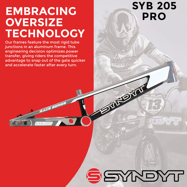 Syndyt 205 Pro BMX Racing Bike Frame – 20.5” Top Tube, 6061-T6 Aluminum (3.99 lbs), Tapered 42/52 Head Tube, B52 Tech BB, 10/15/20mm Hubs, 140mm Disc Brake,  Chain Tensioners – Gray Bicycle Frame