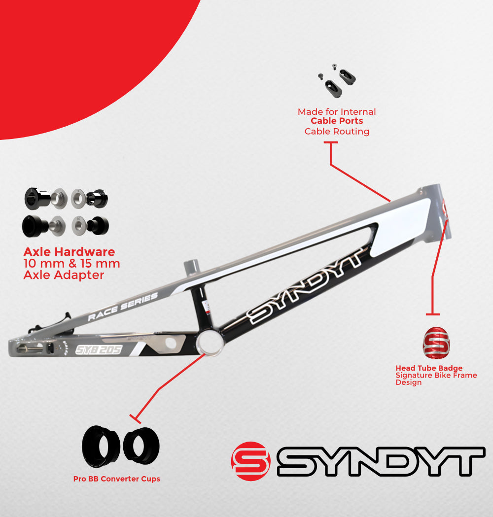 Syndyt 205 Pro BMX Racing Bike Frame – 20.5” Top Tube, 6061-T6 Aluminum (3.99 lbs), Tapered 42/52 Head Tube, B52 Tech BB, 10/15/20mm Hubs, 140mm Disc Brake,  Chain Tensioners – Gray Bicycle Frame