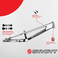 Syndyt 205 Pro BMX Racing Bike Frame – 20.5” Top Tube, 6061-T6 Aluminum (3.99 lbs), Tapered 42/52 Head Tube, B52 Tech BB, 10/15/20mm Hubs, 140mm Disc Brake,  Chain Tensioners – Gray Bicycle Frame