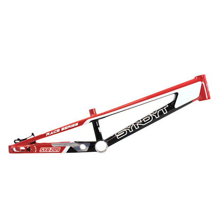 Syndyt 205 Pro BMX Racing Bike Frame – 20.5” Top Tube, 6061-T6 Aluminum (3.99 lbs), Tapered 42/52 Head Tube, B52 Tech BB, 10/15/20mm Hubs, 140mm Disc Brake,  Chain Tensioners – Red Bicycle Frame