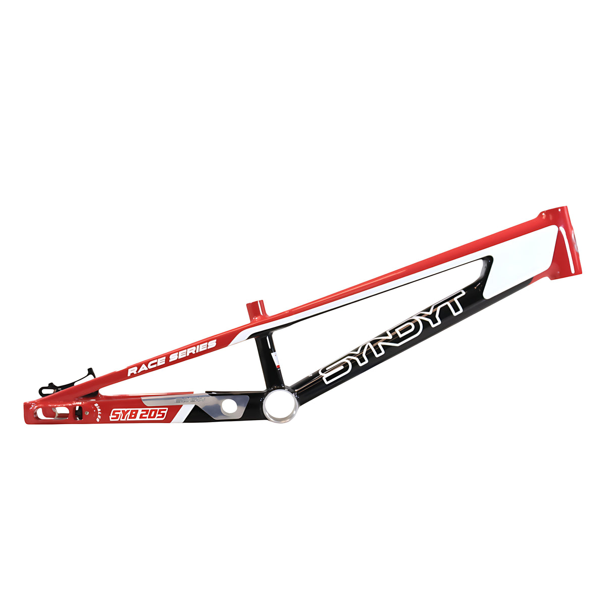 Syndyt 205 Pro BMX Racing Bike Frame – 20.5” Top Tube, 6061-T6 Aluminum (3.99 lbs), Tapered 42/52 Head Tube, B52 Tech BB, 10/15/20mm Hubs, 140mm Disc Brake,  Chain Tensioners – Red Bicycle Frame