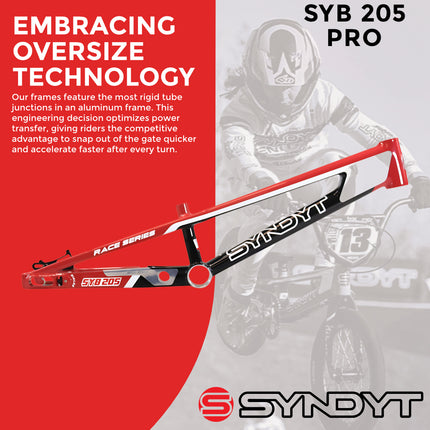 Syndyt 205 Pro BMX Racing Bike Frame – 20.5” Top Tube, 6061-T6 Aluminum (3.99 lbs), Tapered 42/52 Head Tube, B52 Tech BB, 10/15/20mm Hubs, 140mm Disc Brake,  Chain Tensioners – Red Bicycle Frame