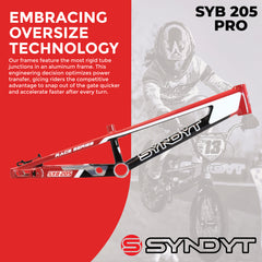 Syndyt 205 Pro BMX Racing Bike Frame – 20.5” Top Tube, 6061-T6 Aluminum (3.99 lbs), Tapered 42/52 Head Tube, B52 Tech BB, 10/15/20mm Hubs, 140mm Disc Brake,  Chain Tensioners – Red Bicycle Frame