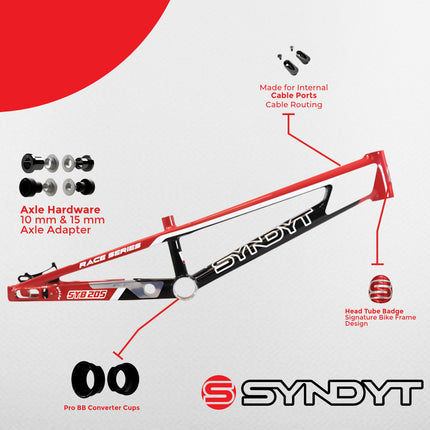 Syndyt 205 Pro BMX Racing Bike Frame – 20.5” Top Tube, 6061-T6 Aluminum (3.99 lbs), Tapered 42/52 Head Tube, B52 Tech BB, 10/15/20mm Hubs, 140mm Disc Brake,  Chain Tensioners – Red Bicycle Frame