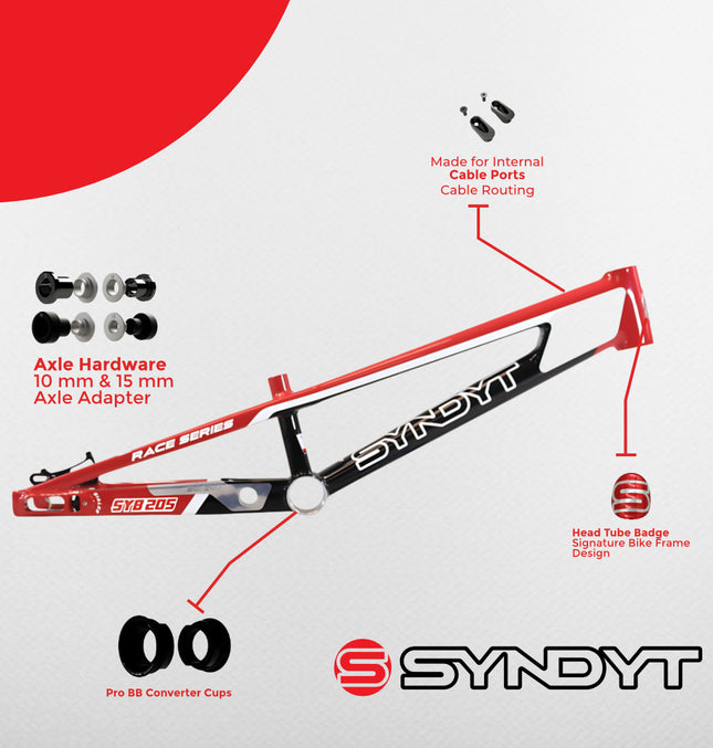 Syndyt 205 Pro BMX Racing Bike Frame – 20.5” Top Tube, 6061-T6 Aluminum (3.99 lbs), Tapered 42/52 Head Tube, B52 Tech BB, 10/15/20mm Hubs, 140mm Disc Brake,  Chain Tensioners – Red Bicycle Frame