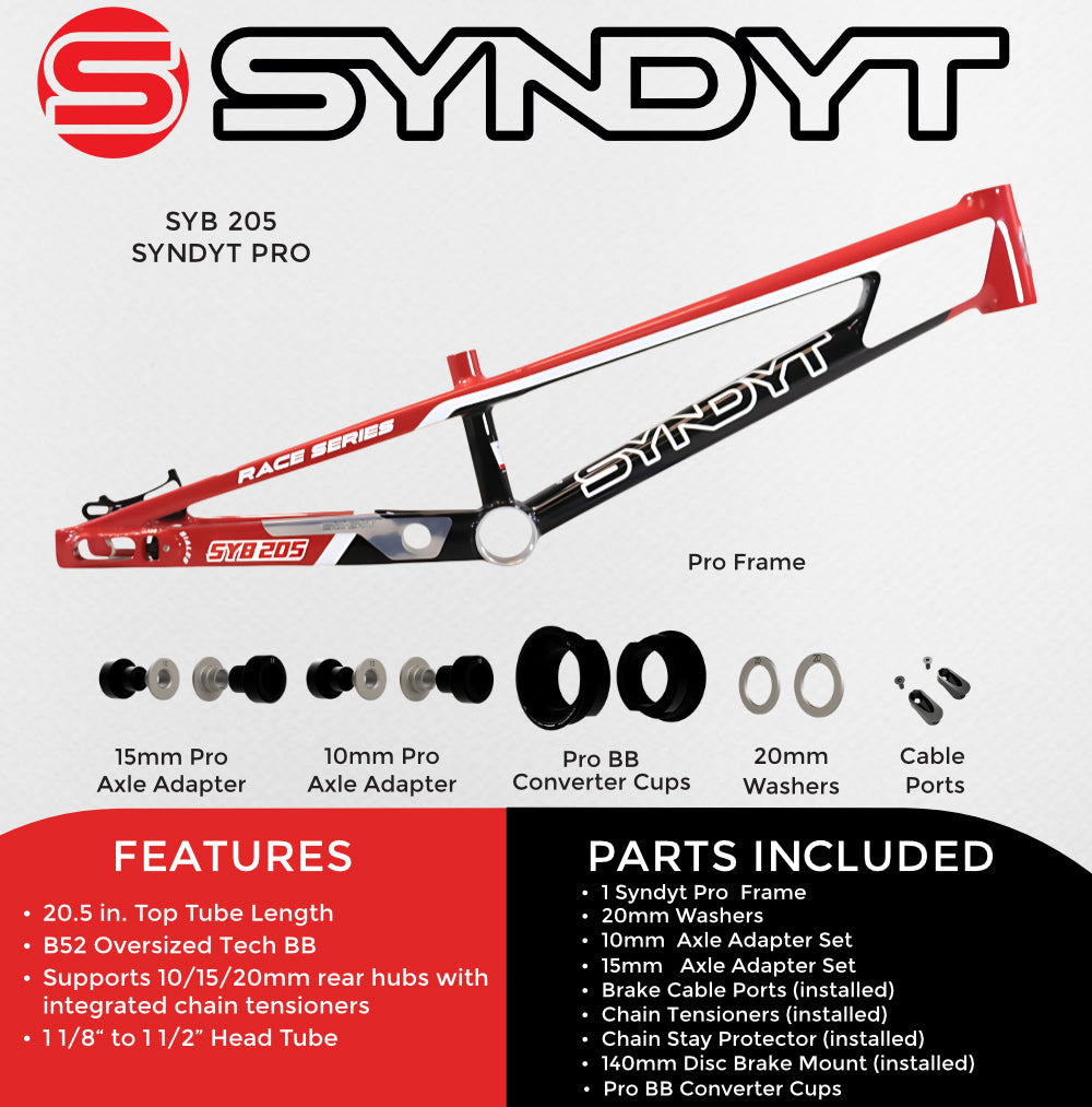 Syndyt 205 Pro BMX Racing Bike Frame – 20.5” Top Tube, 6061-T6 Aluminum (3.99 lbs), Tapered 42/52 Head Tube, B52 Tech BB, 10/15/20mm Hubs, 140mm Disc Brake,  Chain Tensioners – Red Bicycle Frame
