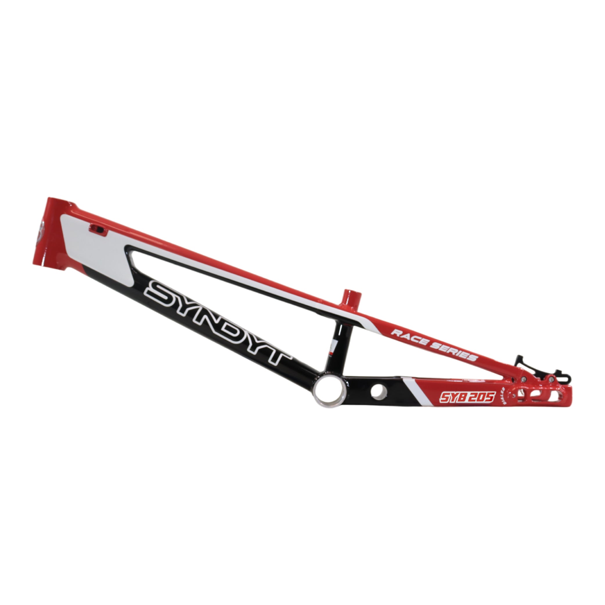 Syndyt 205 Pro BMX Racing Bike Frame – 20.5” Top Tube, 6061-T6 Aluminum (3.99 lbs), Tapered 42/52 Head Tube, B52 Tech BB, 10/15/20mm Hubs, 140mm Disc Brake,  Chain Tensioners – Red Bicycle Frame
